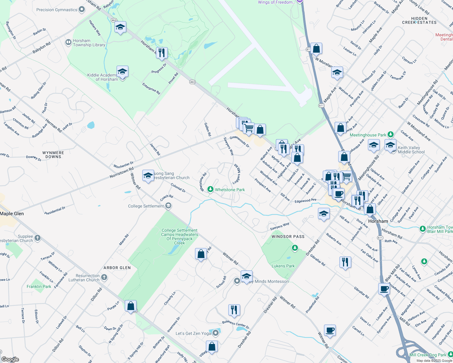 map of restaurants, bars, coffee shops, grocery stores, and more near 67 Ash Stoker Lane in Horsham