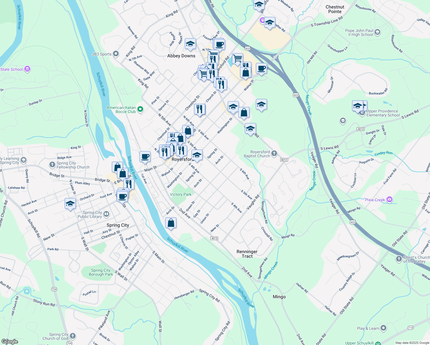 map of restaurants, bars, coffee shops, grocery stores, and more near 431 Green Street in Royersford