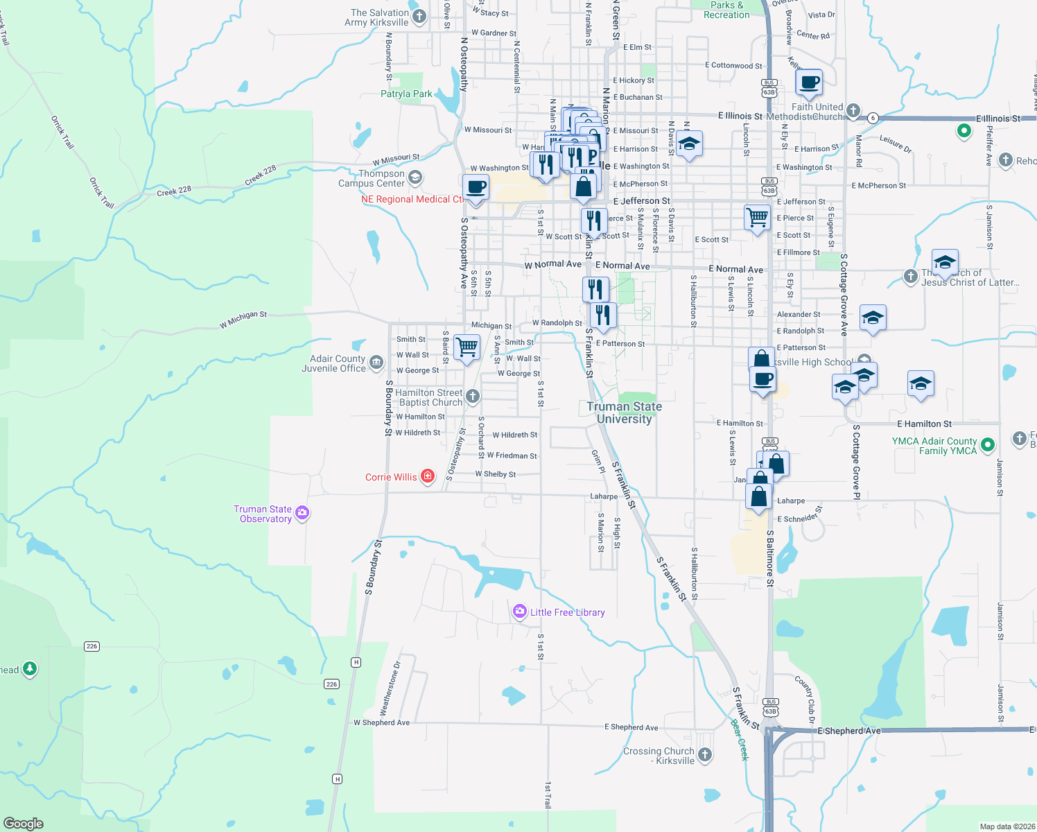 map of restaurants, bars, coffee shops, grocery stores, and more near 1599 S Riggen St in Kirksville