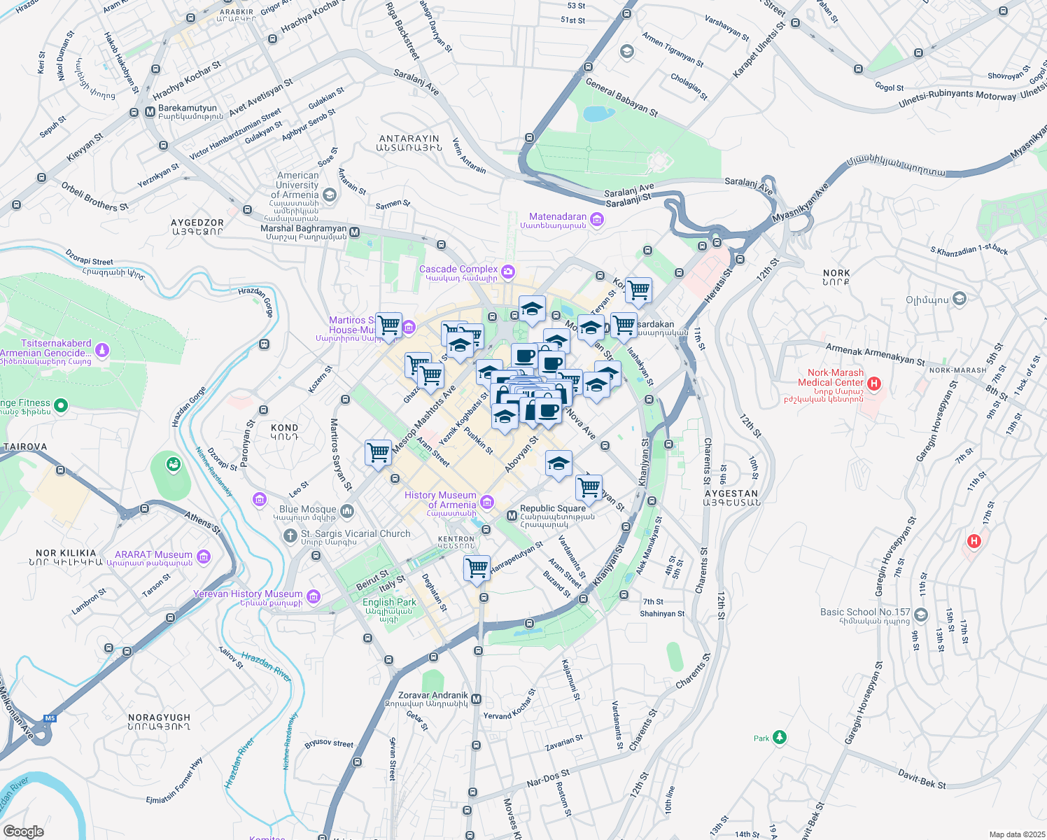 map of restaurants, bars, coffee shops, grocery stores, and more near 21 Tumanyan Street in Yerevan