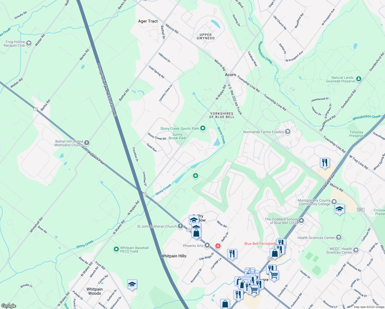map of restaurants, bars, coffee shops, grocery stores, and more near 651 Broadmoor Drive in Blue Bell