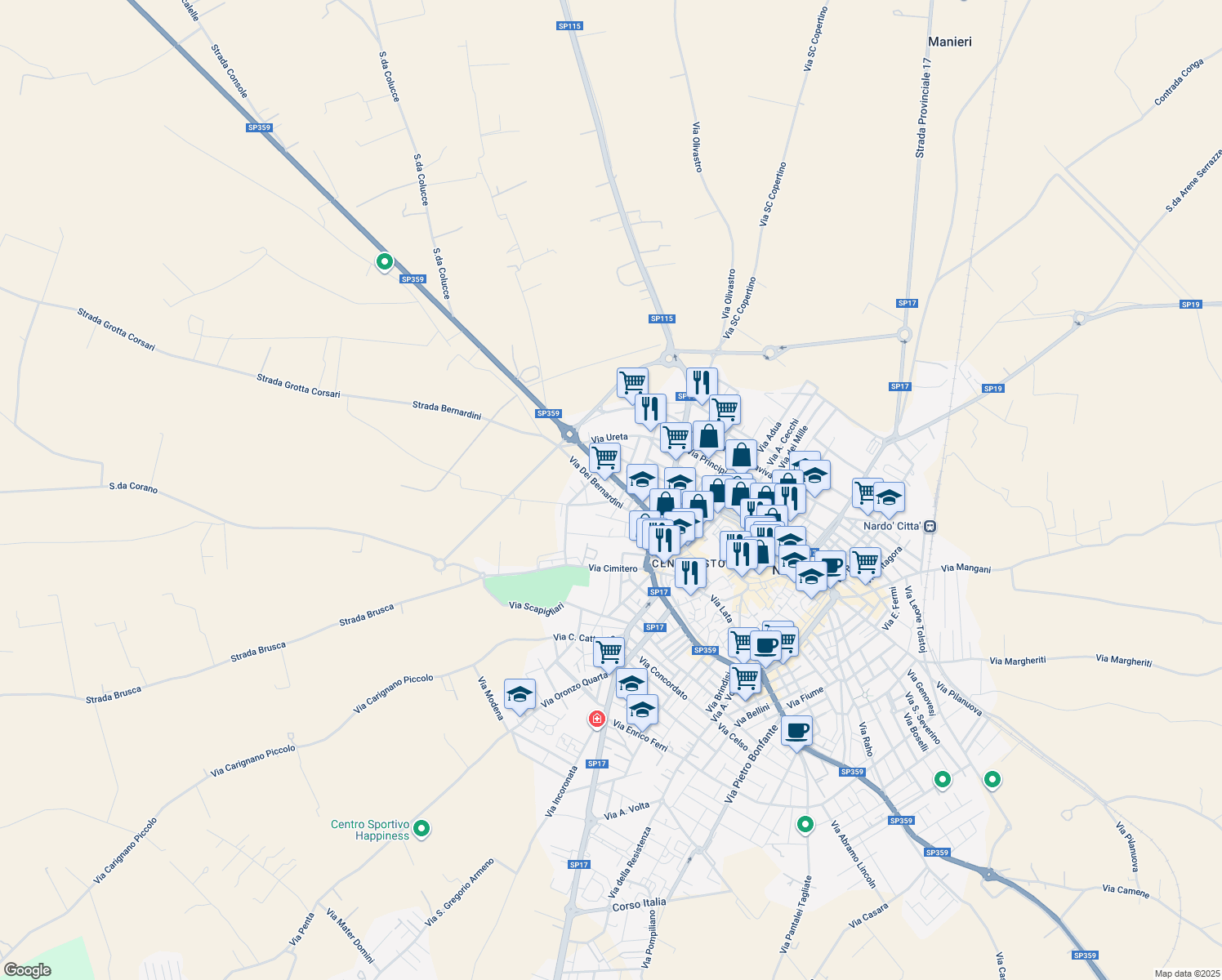 map of restaurants, bars, coffee shops, grocery stores, and more near Via Reno in Nardò