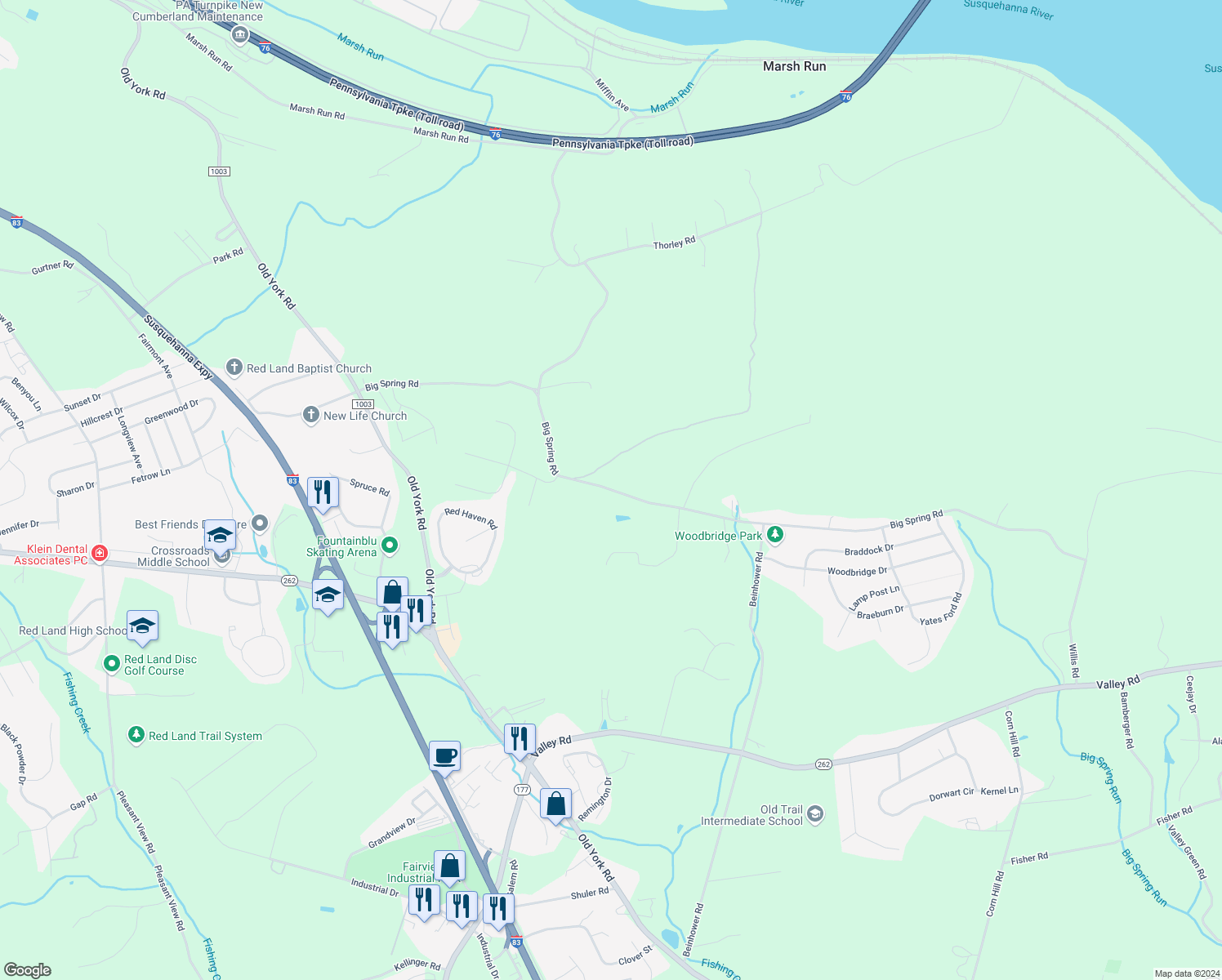 map of restaurants, bars, coffee shops, grocery stores, and more near Big Spring Road in NEW CUMBERLND