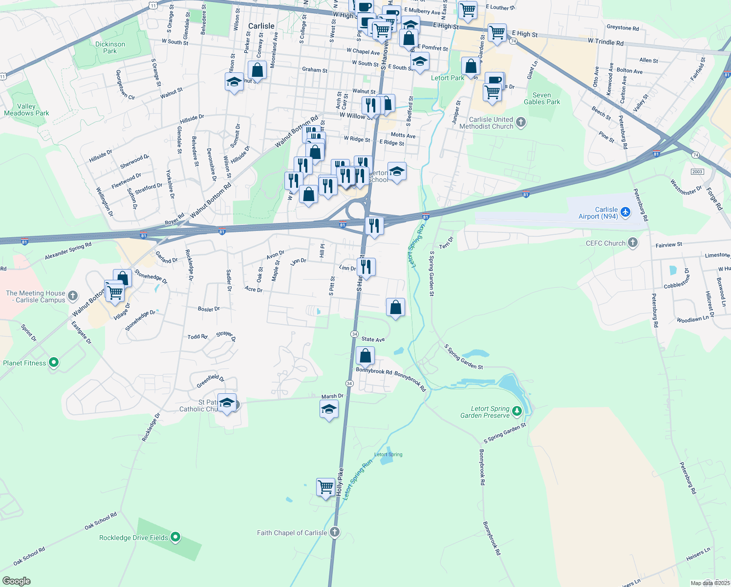 map of restaurants, bars, coffee shops, grocery stores, and more near 21 Bentley Place in Carlisle