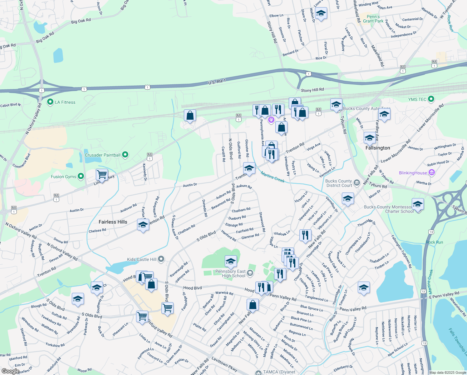 map of restaurants, bars, coffee shops, grocery stores, and more near 748 South Olds Boulevard in Fairless Hills