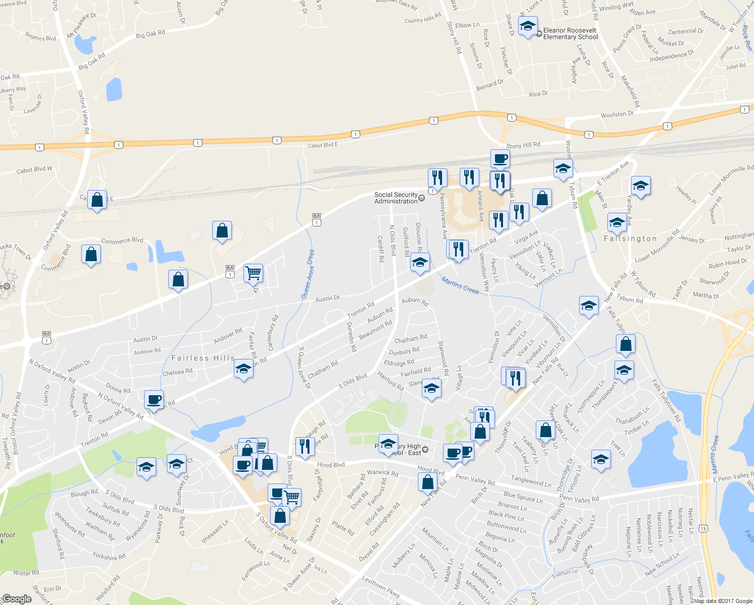 map of restaurants, bars, coffee shops, grocery stores, and more near 692 Trenton Road in Fairless Hills