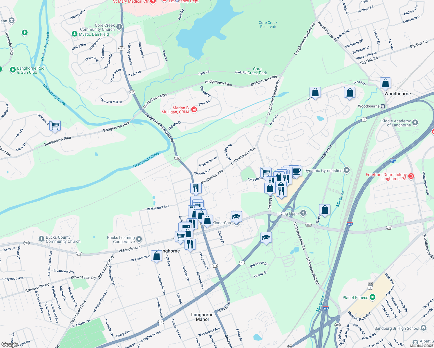 map of restaurants, bars, coffee shops, grocery stores, and more near 338 East Winchester Avenue in Langhorne