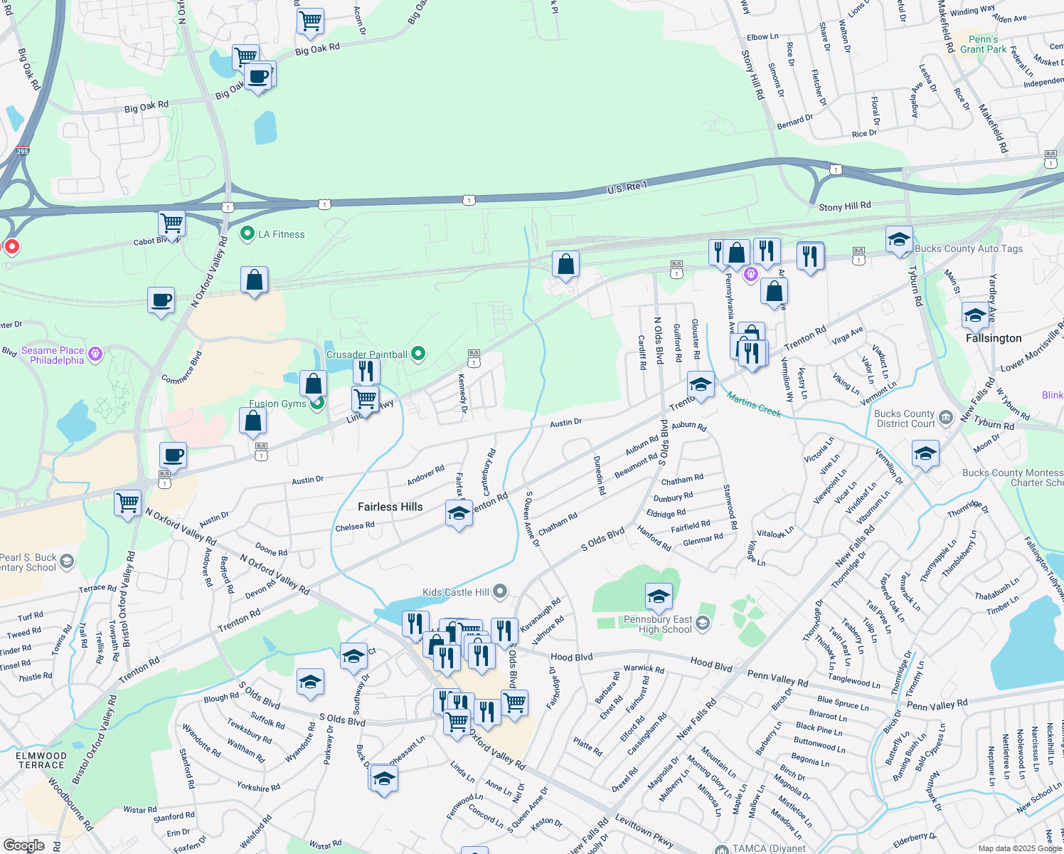 map of restaurants, bars, coffee shops, grocery stores, and more near 601 Austin Dr in Fairless Hills