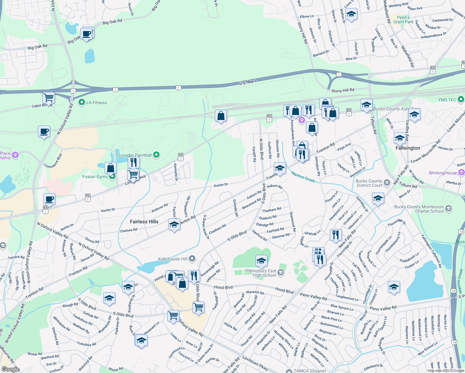 map of restaurants, bars, coffee shops, grocery stores, and more near 648 Austin Drive in Fairless Hills