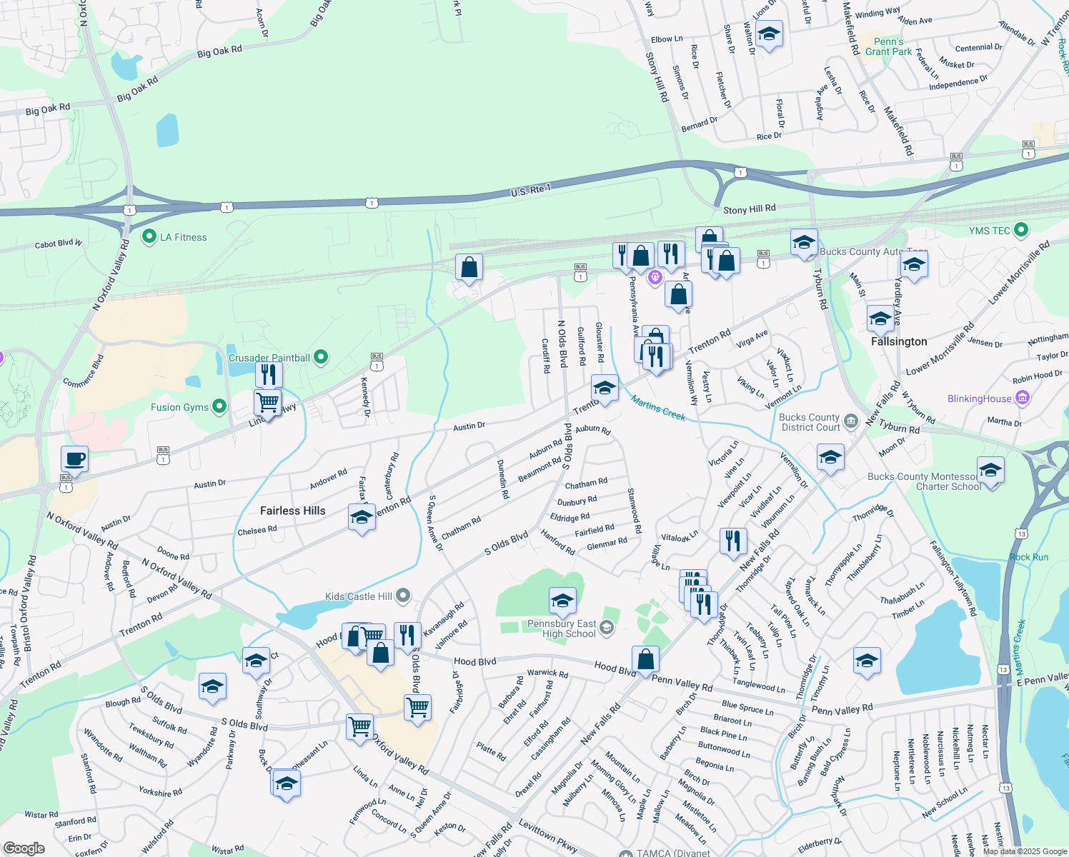 map of restaurants, bars, coffee shops, grocery stores, and more near 689 Trenton Road in Fairless Hills