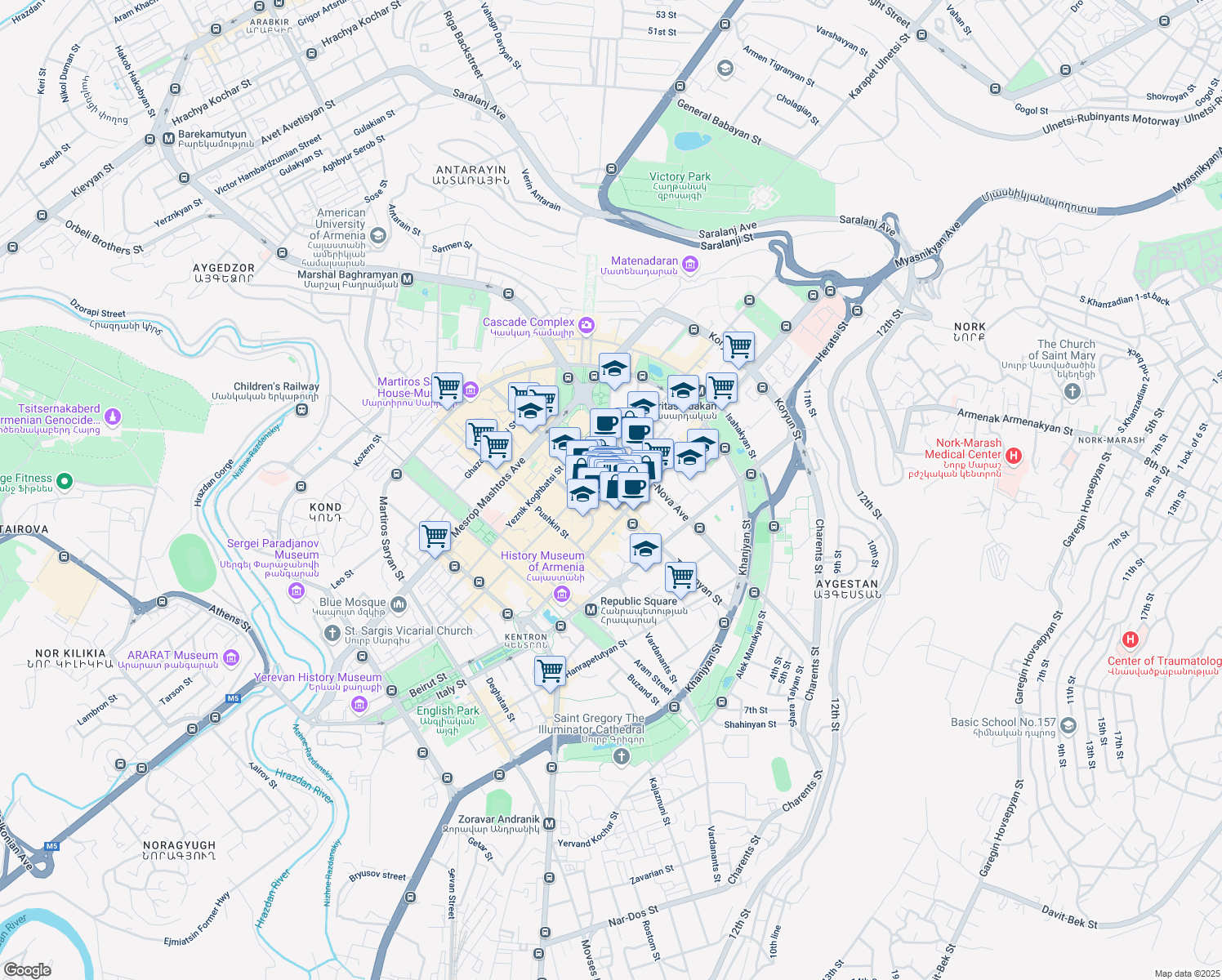 map of restaurants, bars, coffee shops, grocery stores, and more near 21 Tumanyan Street in Yerevan