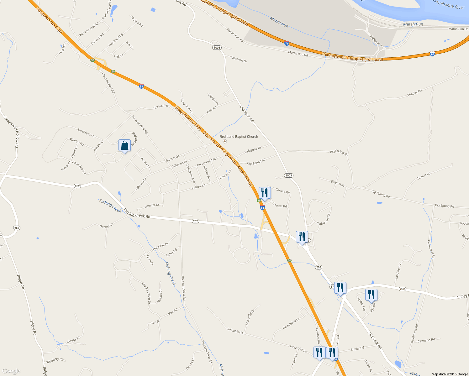 map of restaurants, bars, coffee shops, grocery stores, and more near 84 Fetrow Lane in New Cumberland