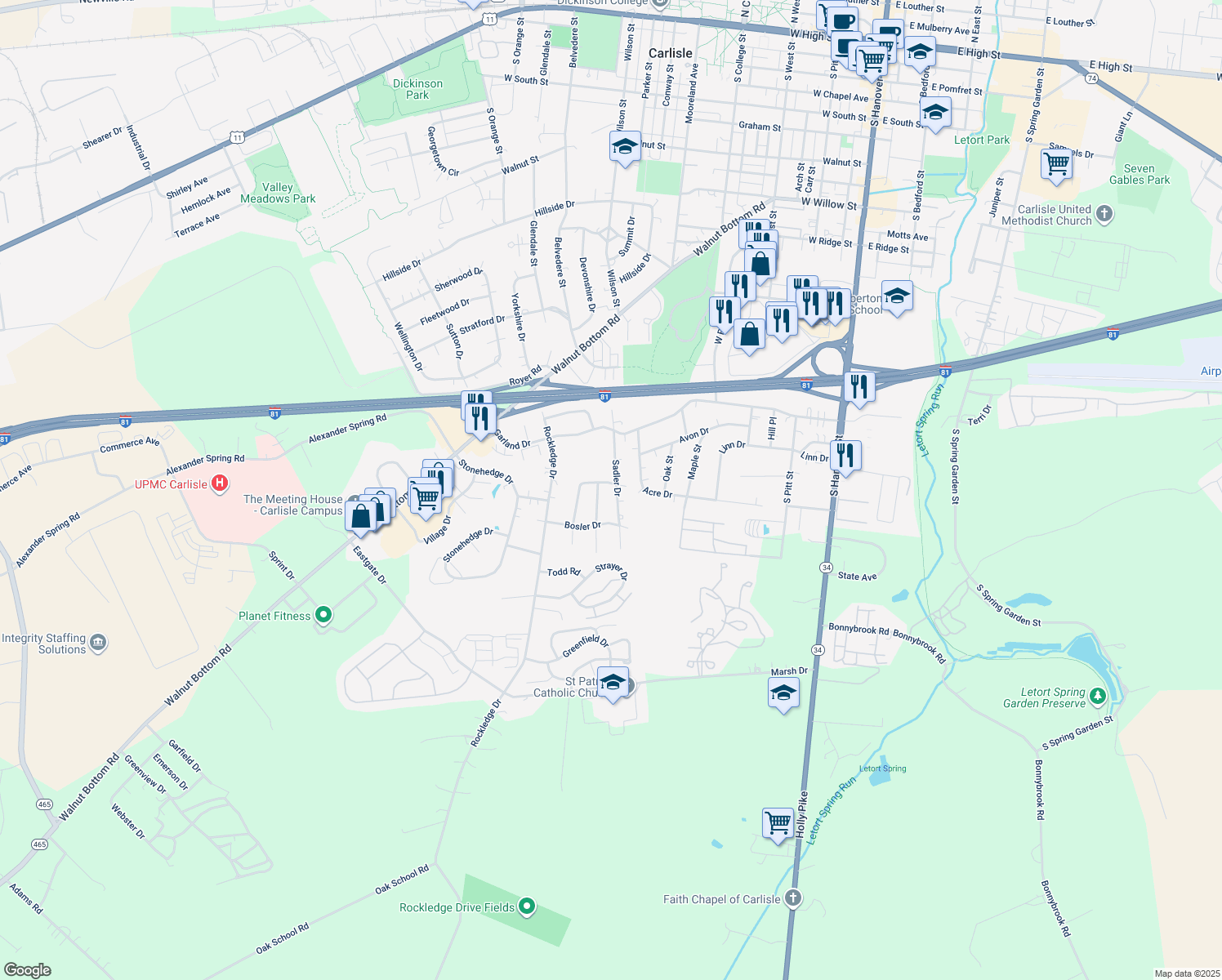 map of restaurants, bars, coffee shops, grocery stores, and more near 1200 Sadler Dr in Carlisle