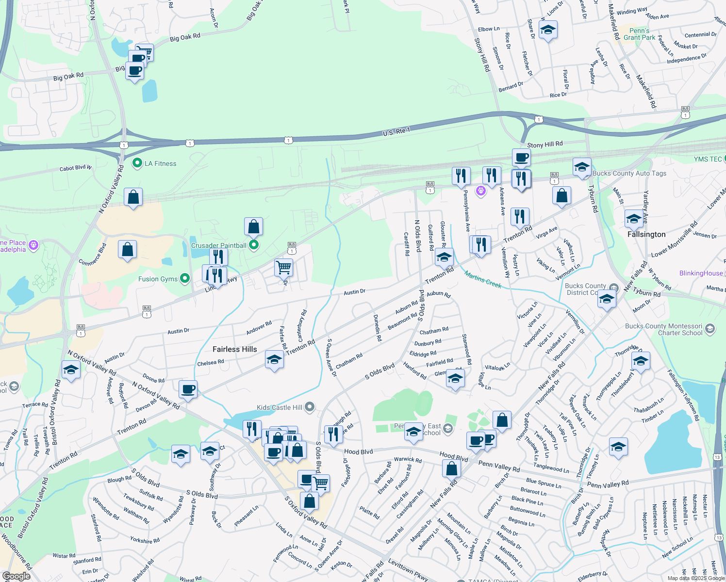 map of restaurants, bars, coffee shops, grocery stores, and more near 636 Austin Drive in Fairless Hills