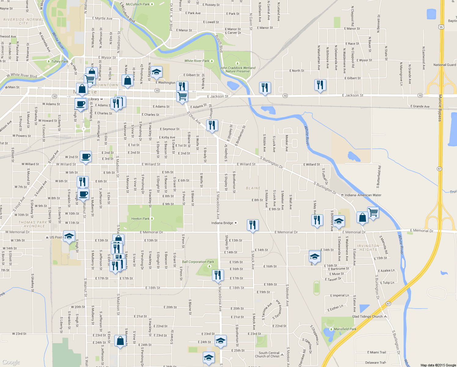 map of restaurants, bars, coffee shops, grocery stores, and more near 1300 South Shipley Street in Muncie