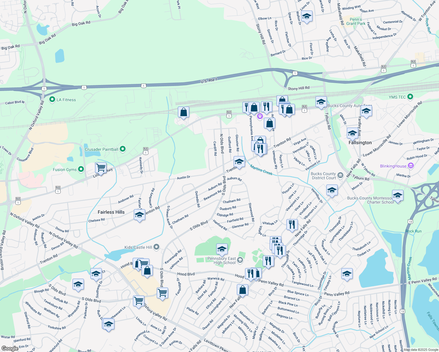 map of restaurants, bars, coffee shops, grocery stores, and more near 716 Trenton Road in Fairless Hills