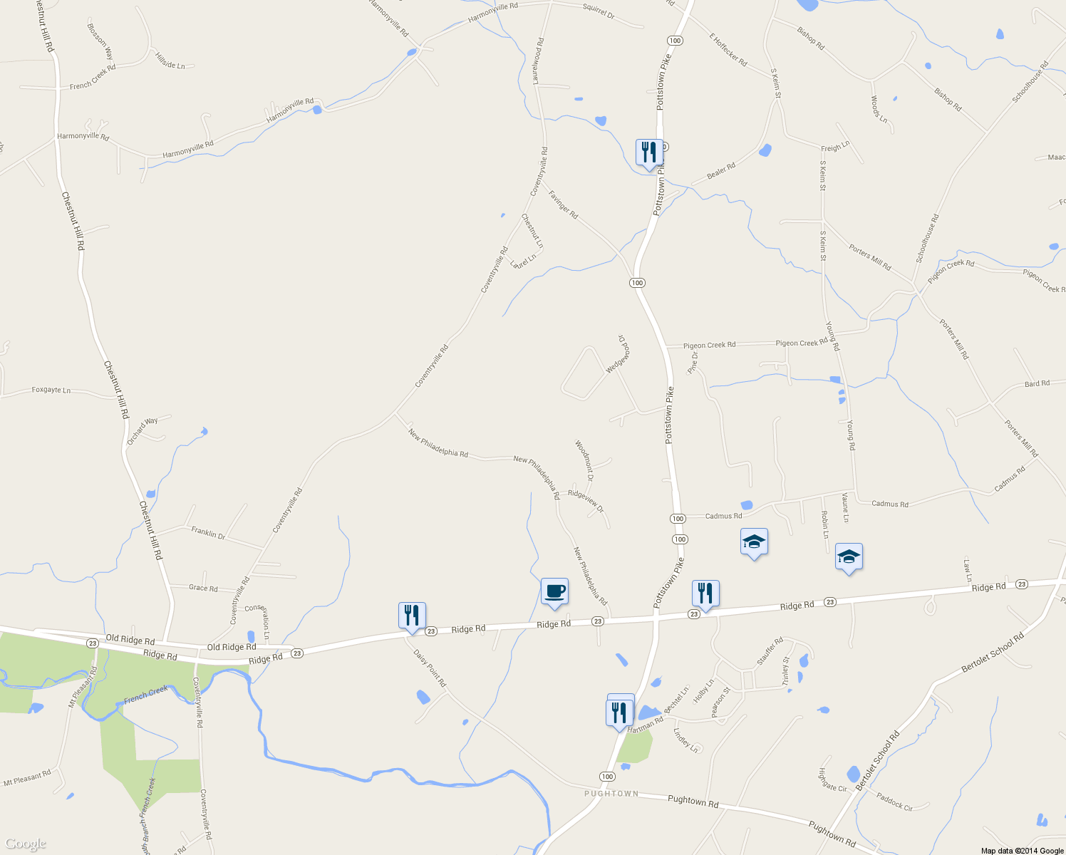 map of restaurants, bars, coffee shops, grocery stores, and more near 1247 New Philadelphia Road in Pottstown