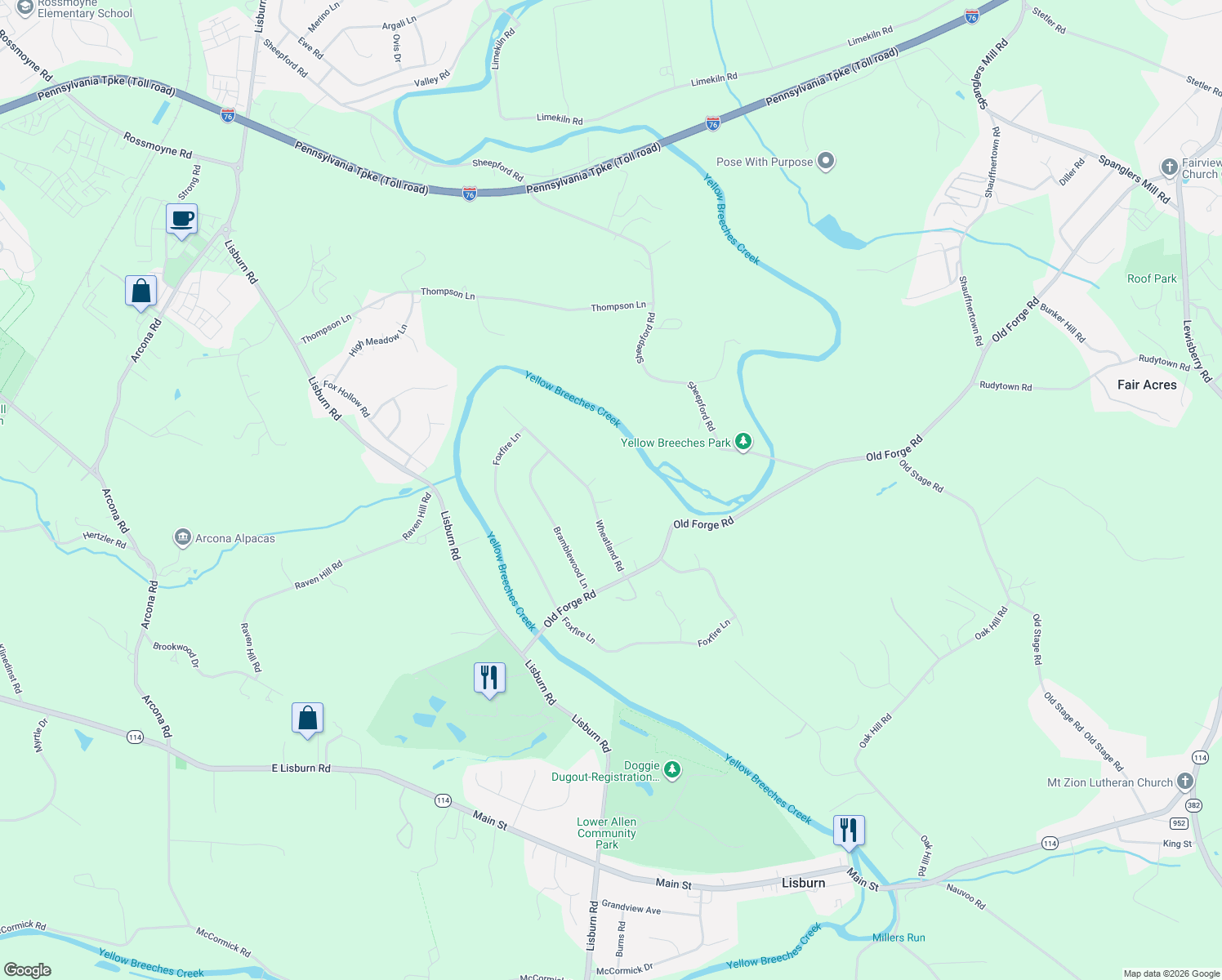 map of restaurants, bars, coffee shops, grocery stores, and more near 106 Wheatland Rd in Lewisberry