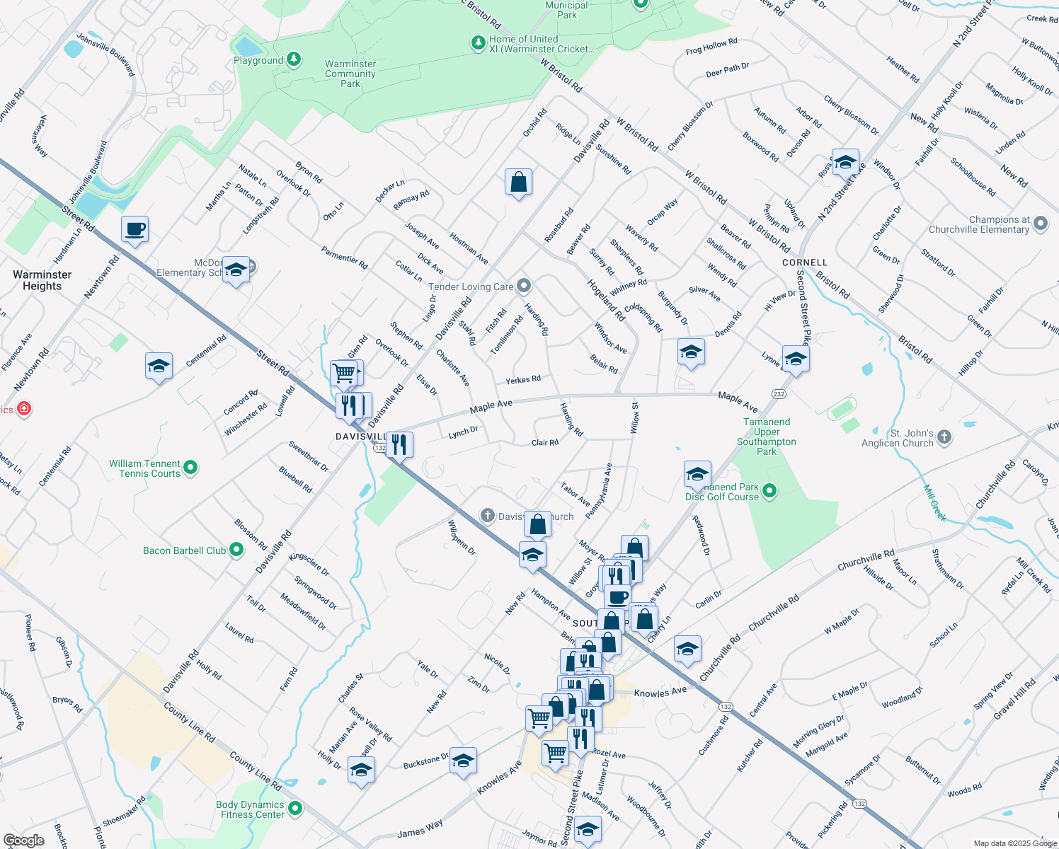 map of restaurants, bars, coffee shops, grocery stores, and more near 920 Circle Drive in Southampton
