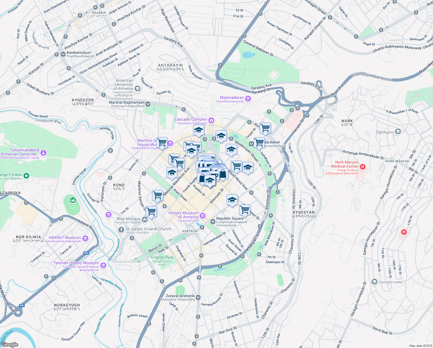 map of restaurants, bars, coffee shops, grocery stores, and more near 34 Tumanyan Street in Yerevan