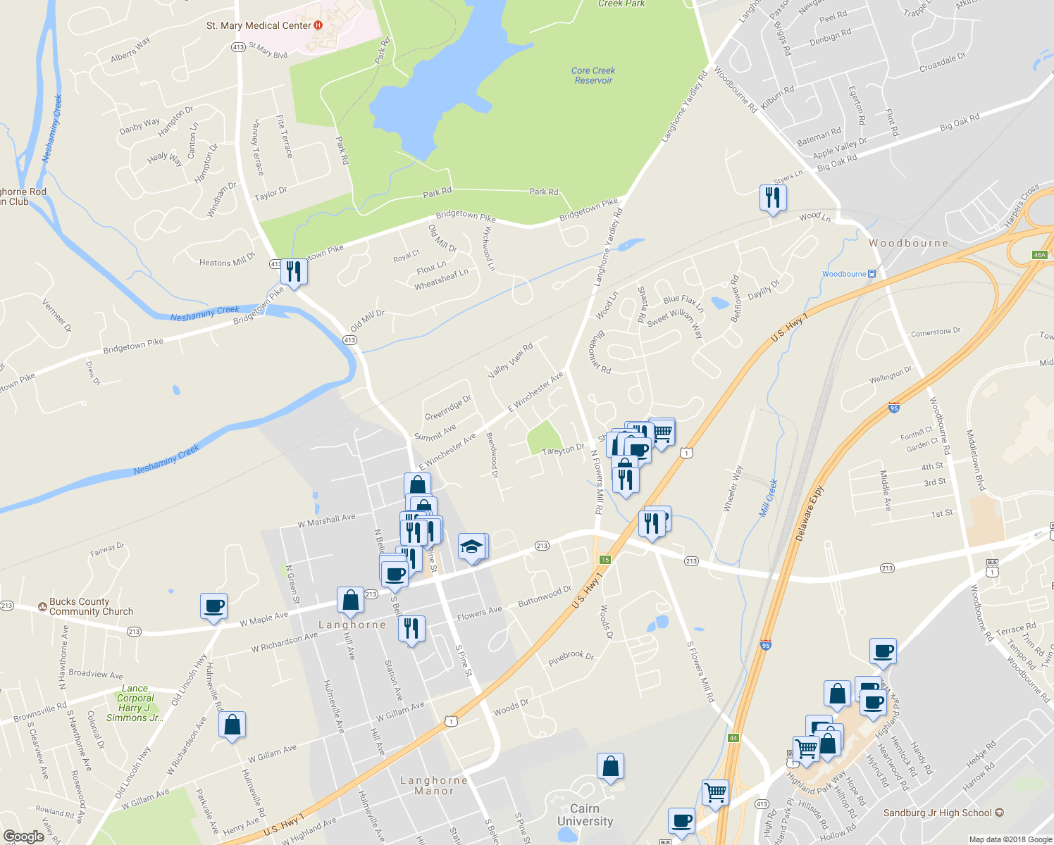 map of restaurants, bars, coffee shops, grocery stores, and more near 167 Kenton Drive in Langhorne