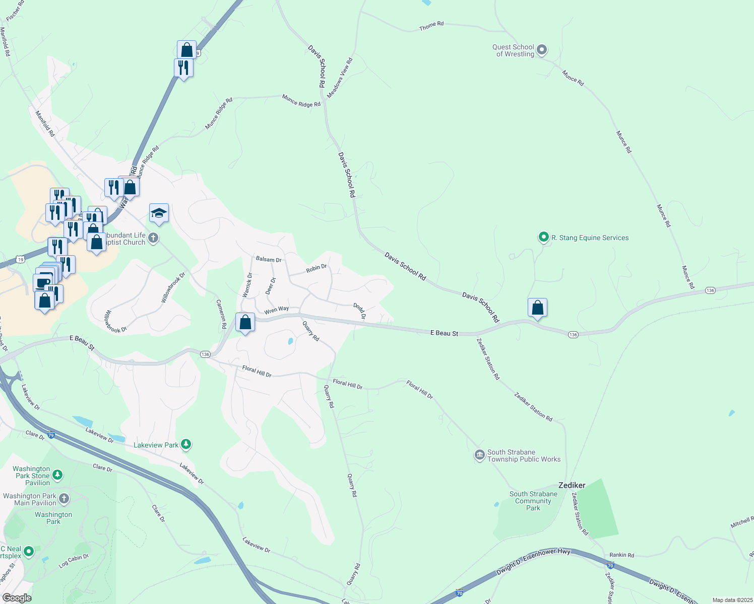 map of restaurants, bars, coffee shops, grocery stores, and more near 8 Mum Drive in Washington