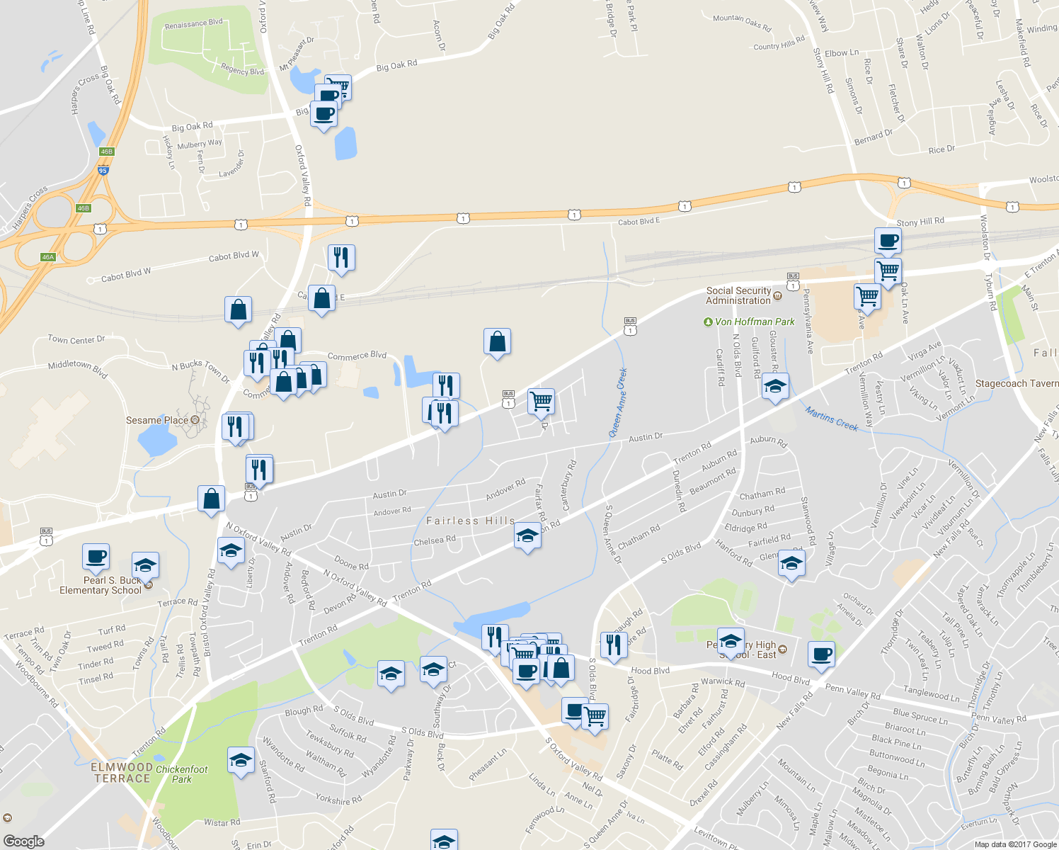 map of restaurants, bars, coffee shops, grocery stores, and more near 126 Adams Drive in Fairless Hills