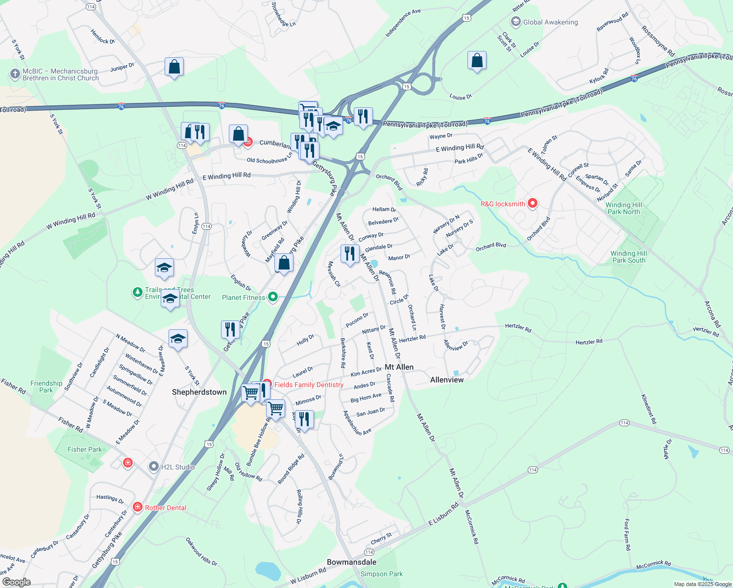 map of restaurants, bars, coffee shops, grocery stores, and more near 308 Cascade Road in Mechanicsburg