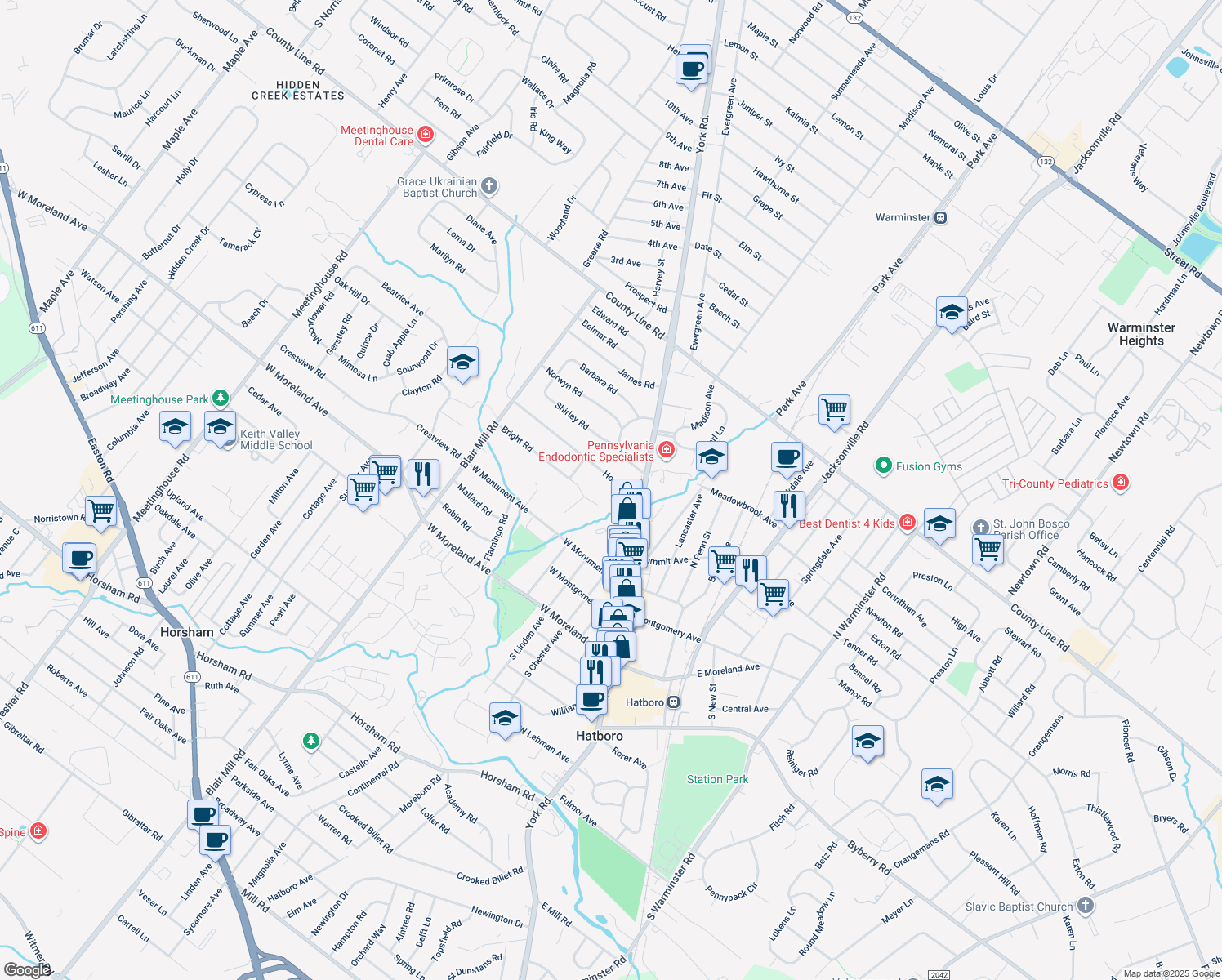 map of restaurants, bars, coffee shops, grocery stores, and more near 7 Home Rd in Hatboro