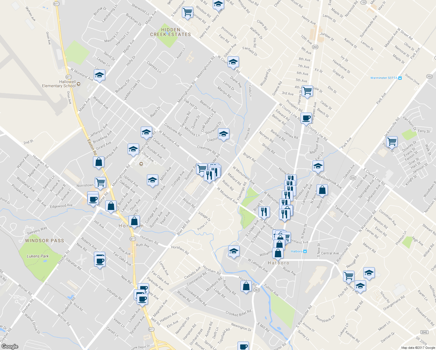 map of restaurants, bars, coffee shops, grocery stores, and more near 118 Blair Mill Road in Hatboro