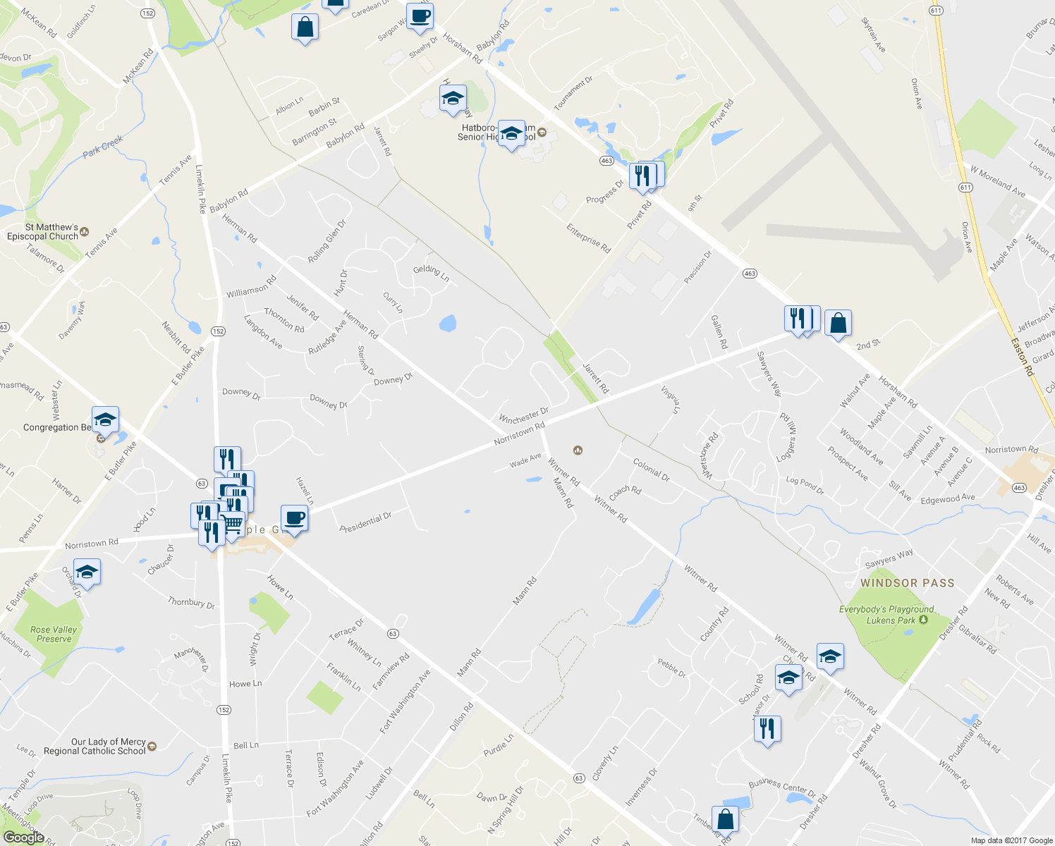 map of restaurants, bars, coffee shops, grocery stores, and more near 213 Winchester Drive in Horsham