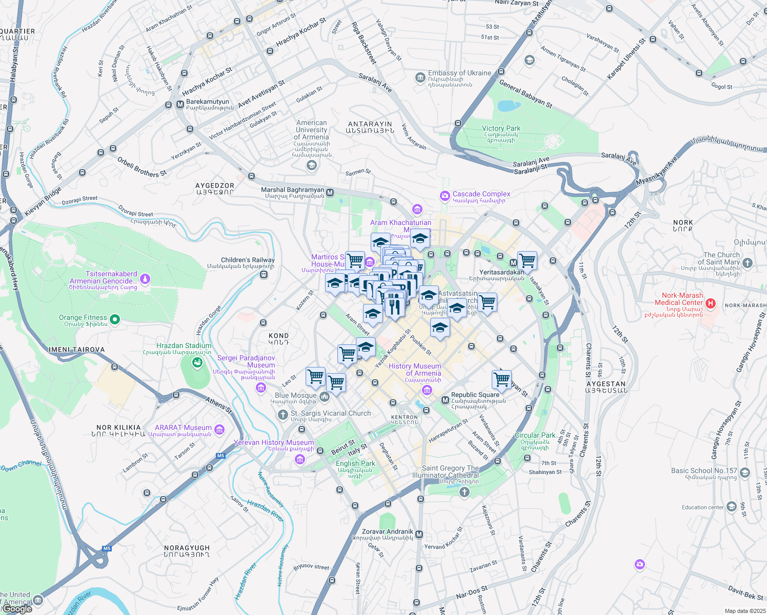map of restaurants, bars, coffee shops, grocery stores, and more near 52 Pushkin Street in Yerevan