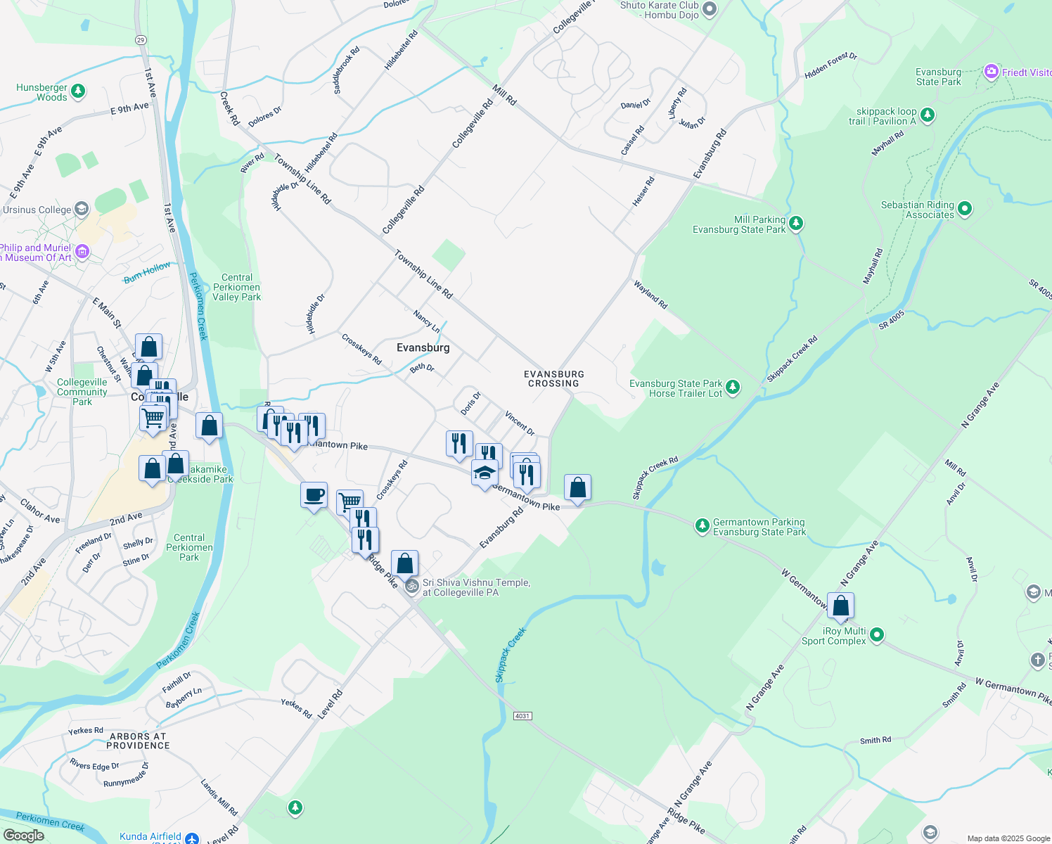 map of restaurants, bars, coffee shops, grocery stores, and more near 3807 Vincent Drive in Collegeville