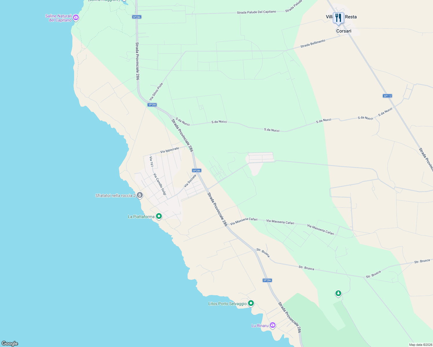 map of restaurants, bars, coffee shops, grocery stores, and more near 106 SP286 in Provincia di Lecce