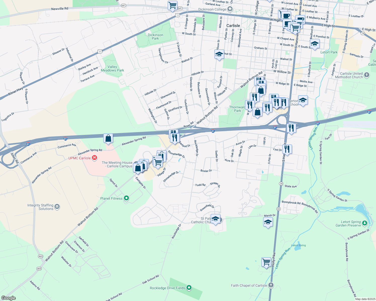 map of restaurants, bars, coffee shops, grocery stores, and more near 9 Garland Ct in Carlisle