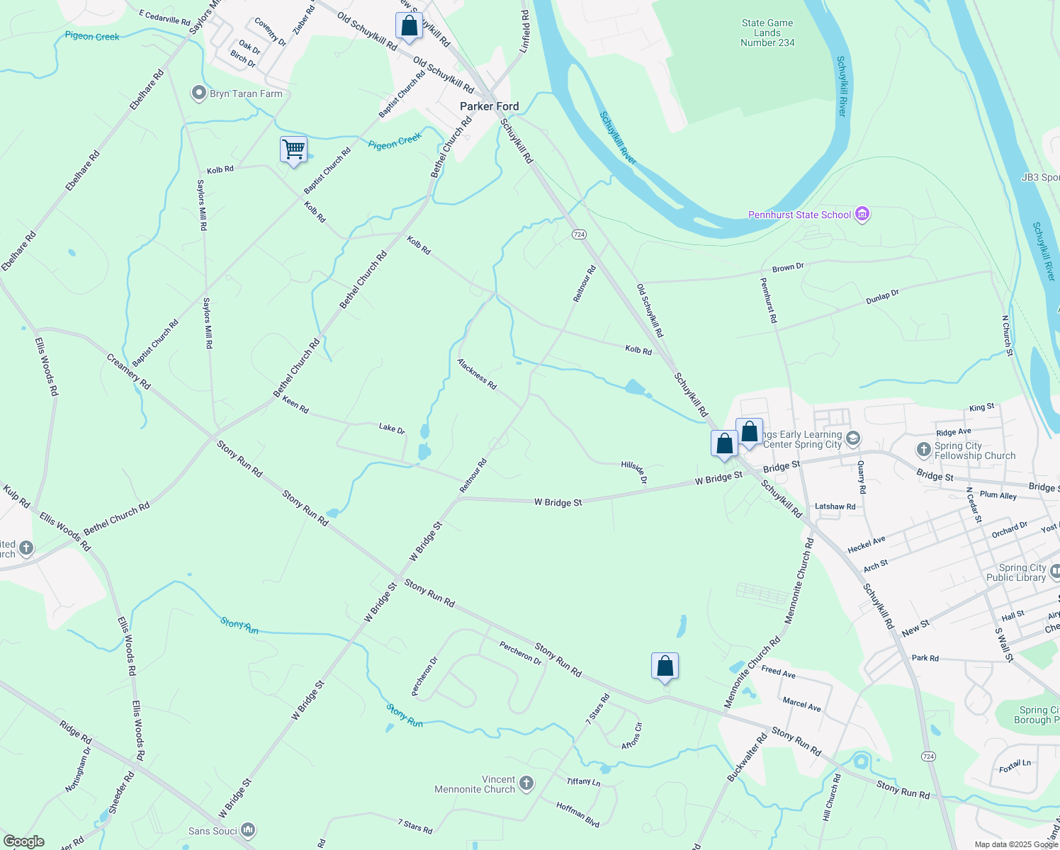 map of restaurants, bars, coffee shops, grocery stores, and more near 400 Reitnour Road in Spring City
