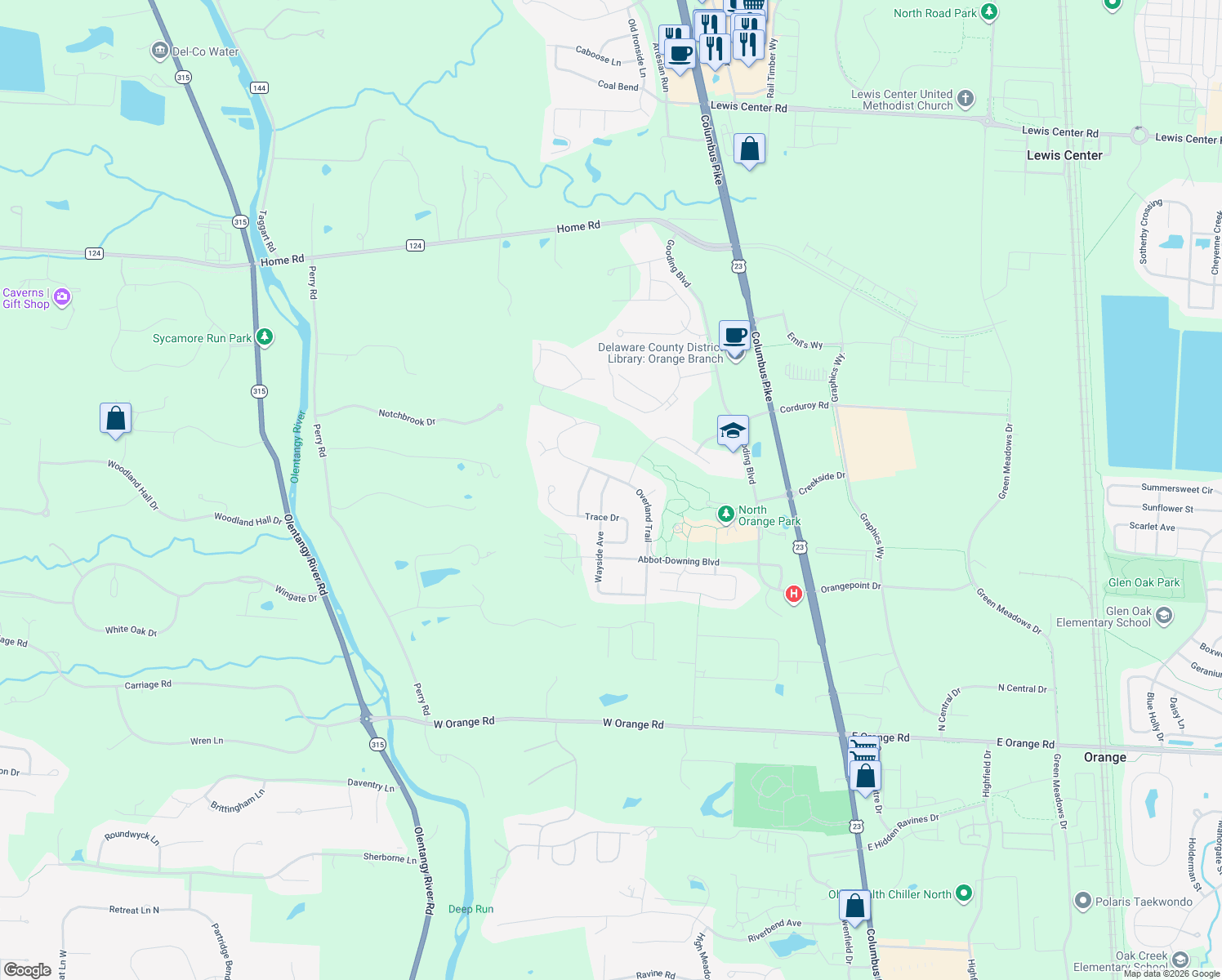 map of restaurants, bars, coffee shops, grocery stores, and more near 7523 Wayside Avenue in Delaware