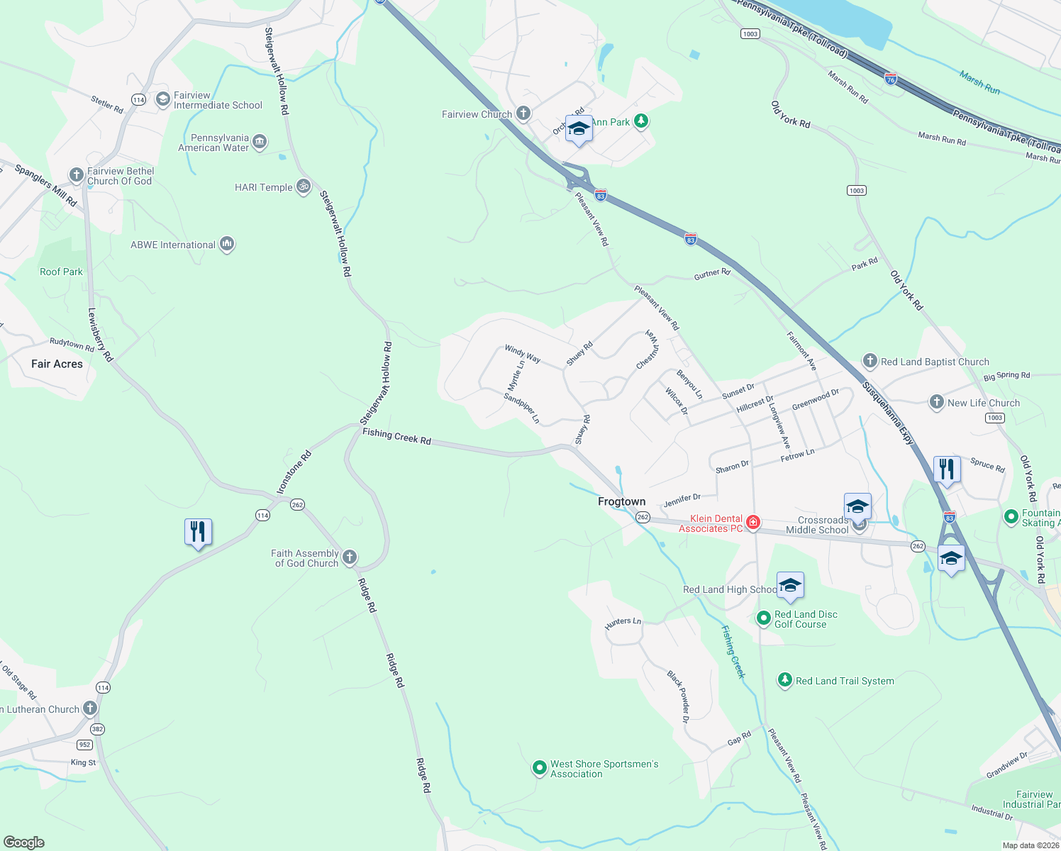 map of restaurants, bars, coffee shops, grocery stores, and more near 613 Sandpiper Lane in New Cumberland