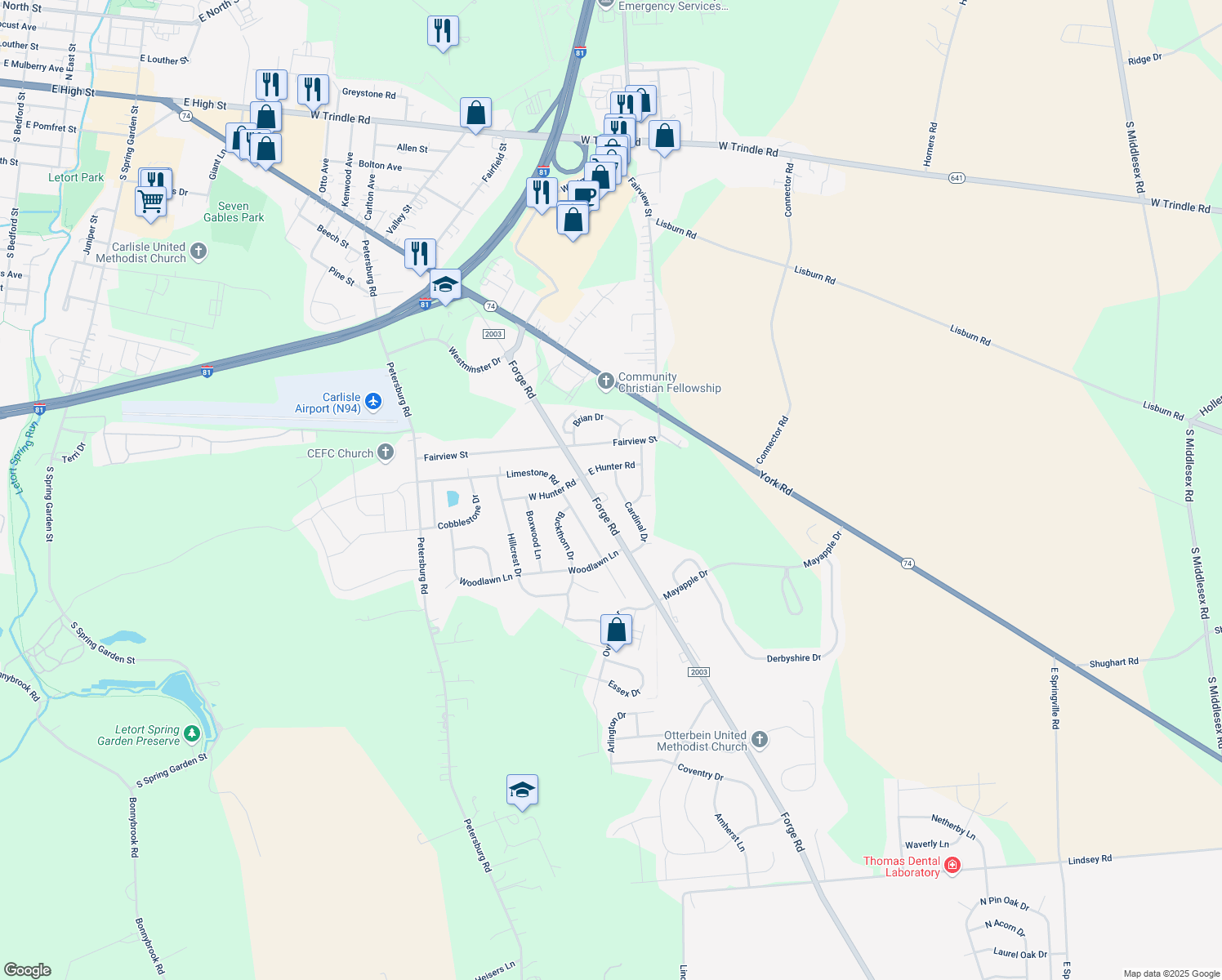 map of restaurants, bars, coffee shops, grocery stores, and more near 42 Cardinal Dr in Carlisle