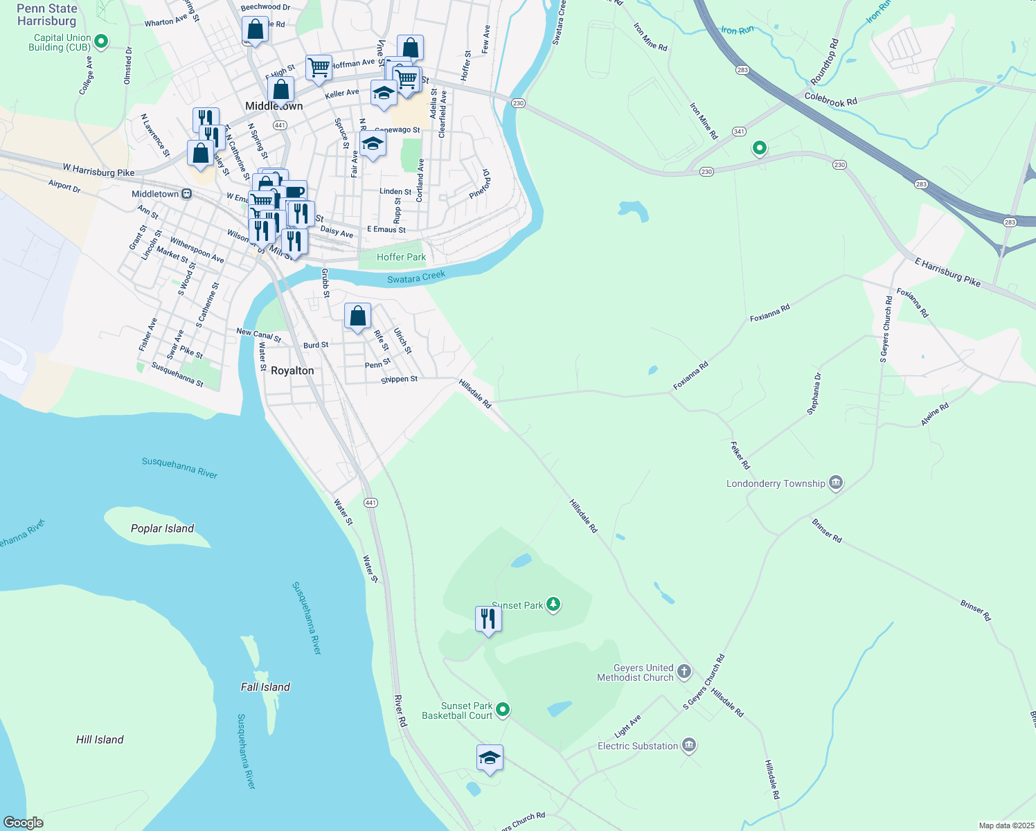 map of restaurants, bars, coffee shops, grocery stores, and more near 1051 Foxianna Road in Middletown