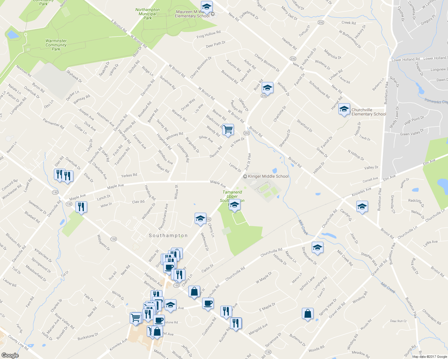 map of restaurants, bars, coffee shops, grocery stores, and more near 1215 Stuart Lane in Southampton
