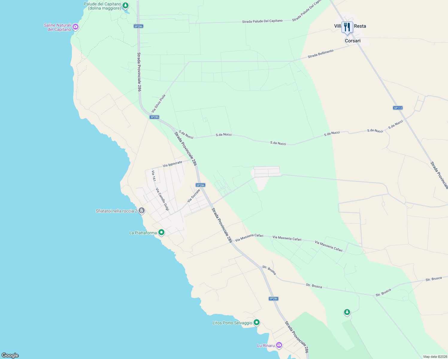 map of restaurants, bars, coffee shops, grocery stores, and more near 106 Strada Provinciale 286 in Provincia di Lecce