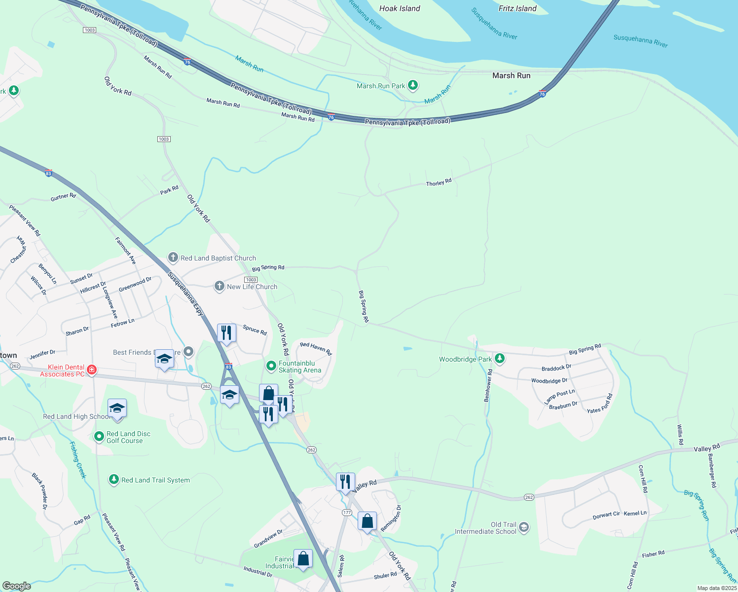 map of restaurants, bars, coffee shops, grocery stores, and more near 429 Big Spring Road in New Cumberland