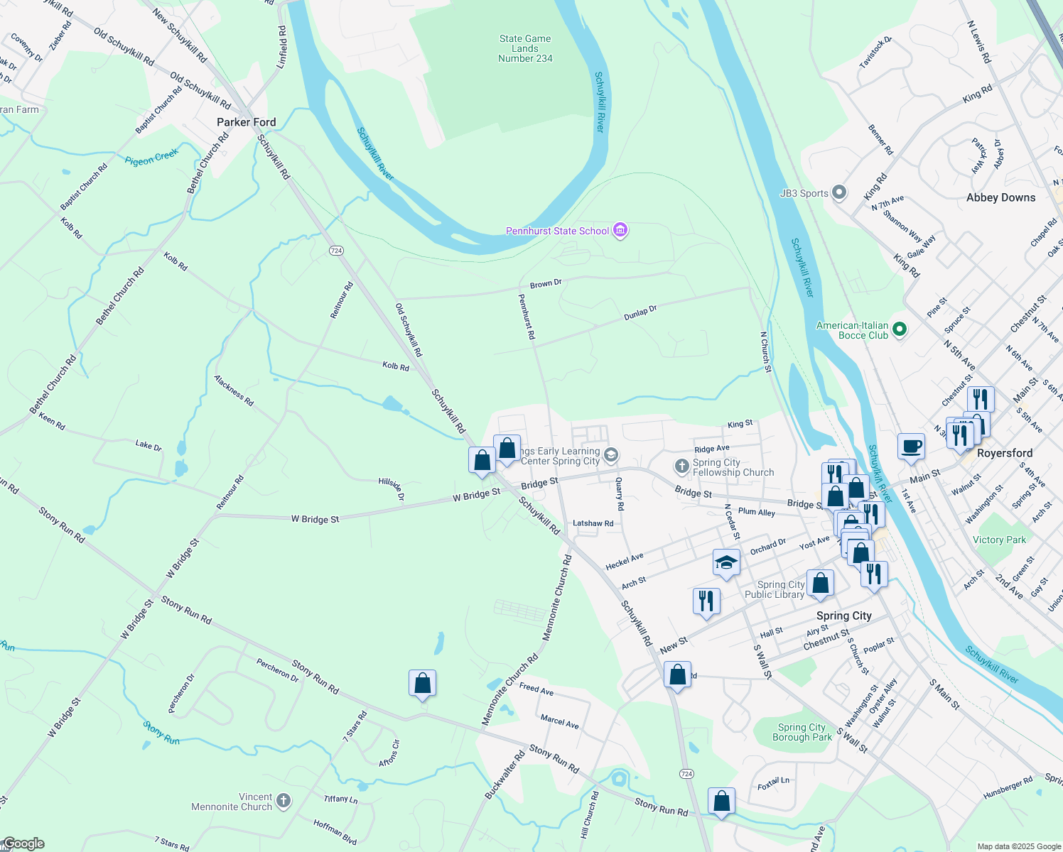 map of restaurants, bars, coffee shops, grocery stores, and more near 19 Carrigan Avenue in Spring City