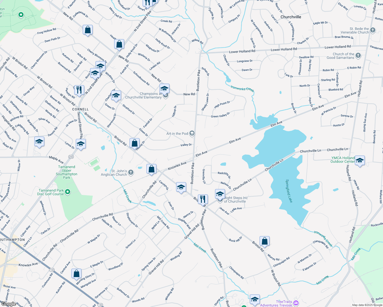 map of restaurants, bars, coffee shops, grocery stores, and more near 17 Cornell Ave in Churchville