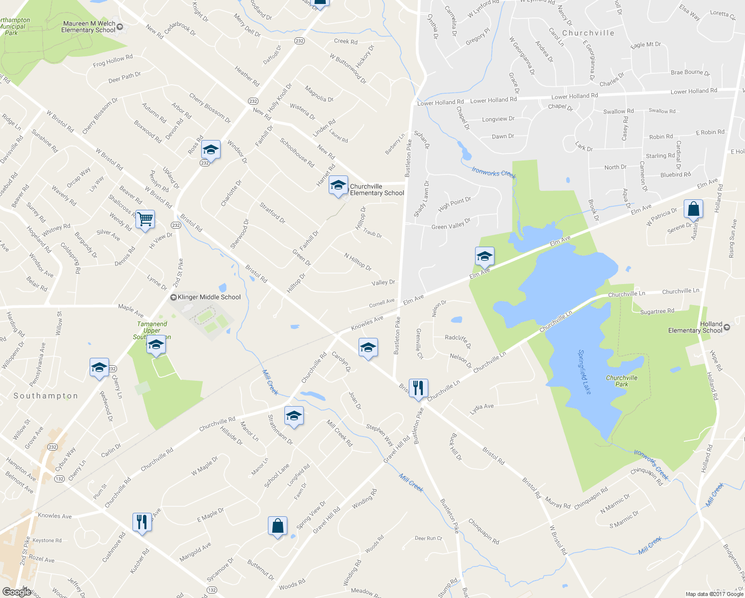 map of restaurants, bars, coffee shops, grocery stores, and more near 49 Cornell Avenue in Churchville