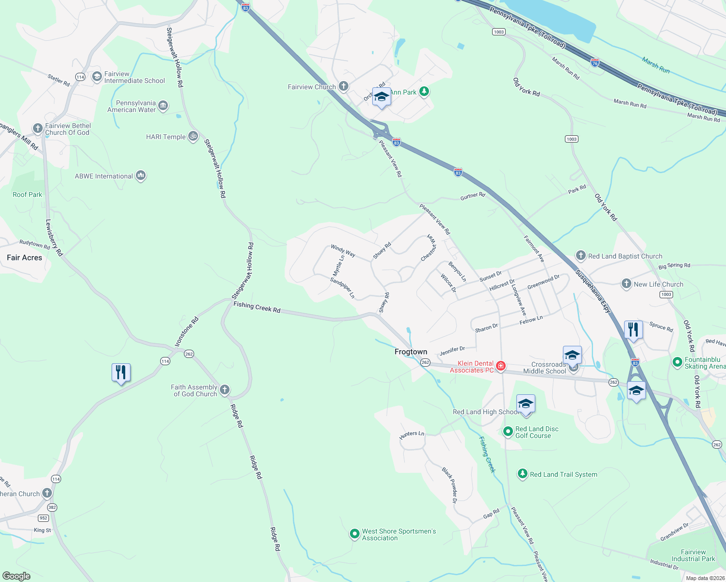 map of restaurants, bars, coffee shops, grocery stores, and more near 613 Sandpiper Lane in New Cumberland