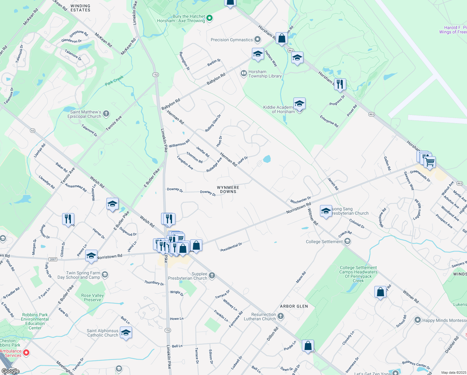 map of restaurants, bars, coffee shops, grocery stores, and more near 14 Downey Drive in Horsham