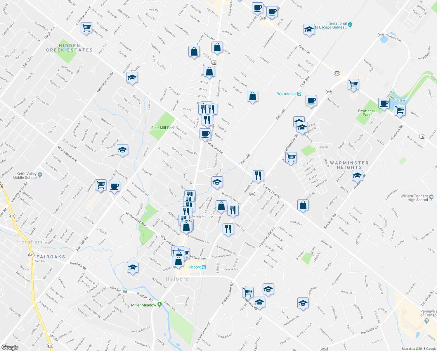 map of restaurants, bars, coffee shops, grocery stores, and more near 136 Earl Lane in Hatboro