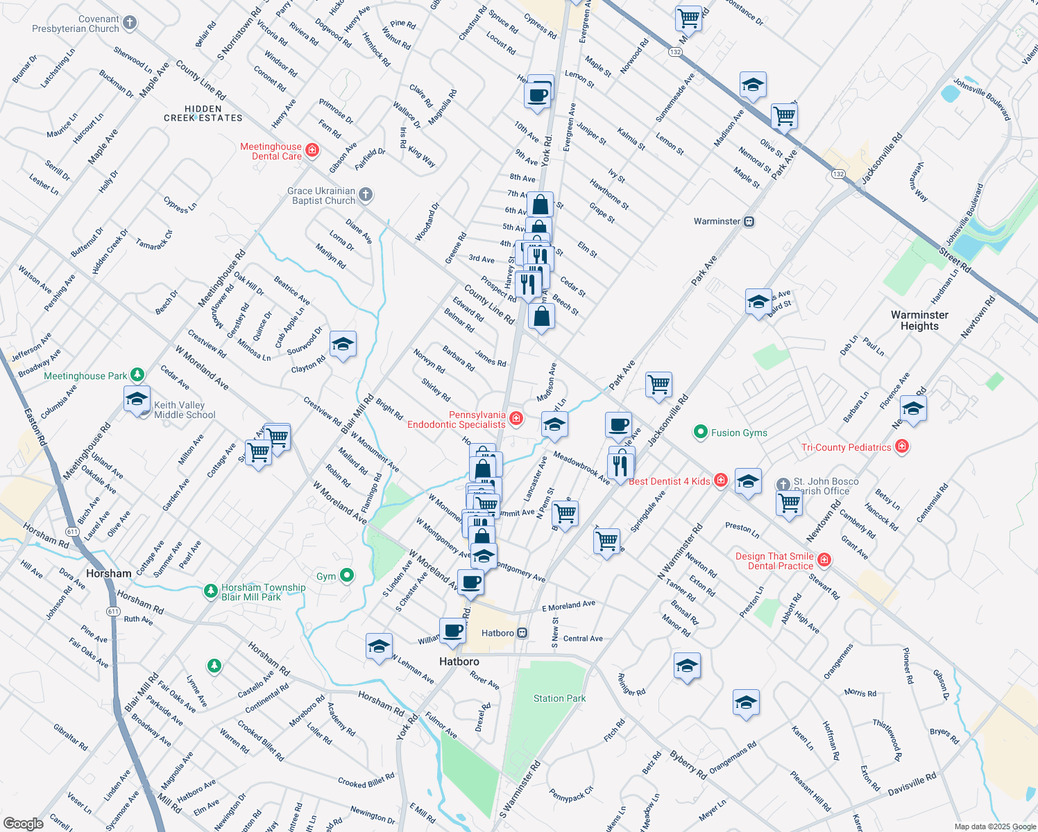 map of restaurants, bars, coffee shops, grocery stores, and more near 102 Earl Lane in Hatboro